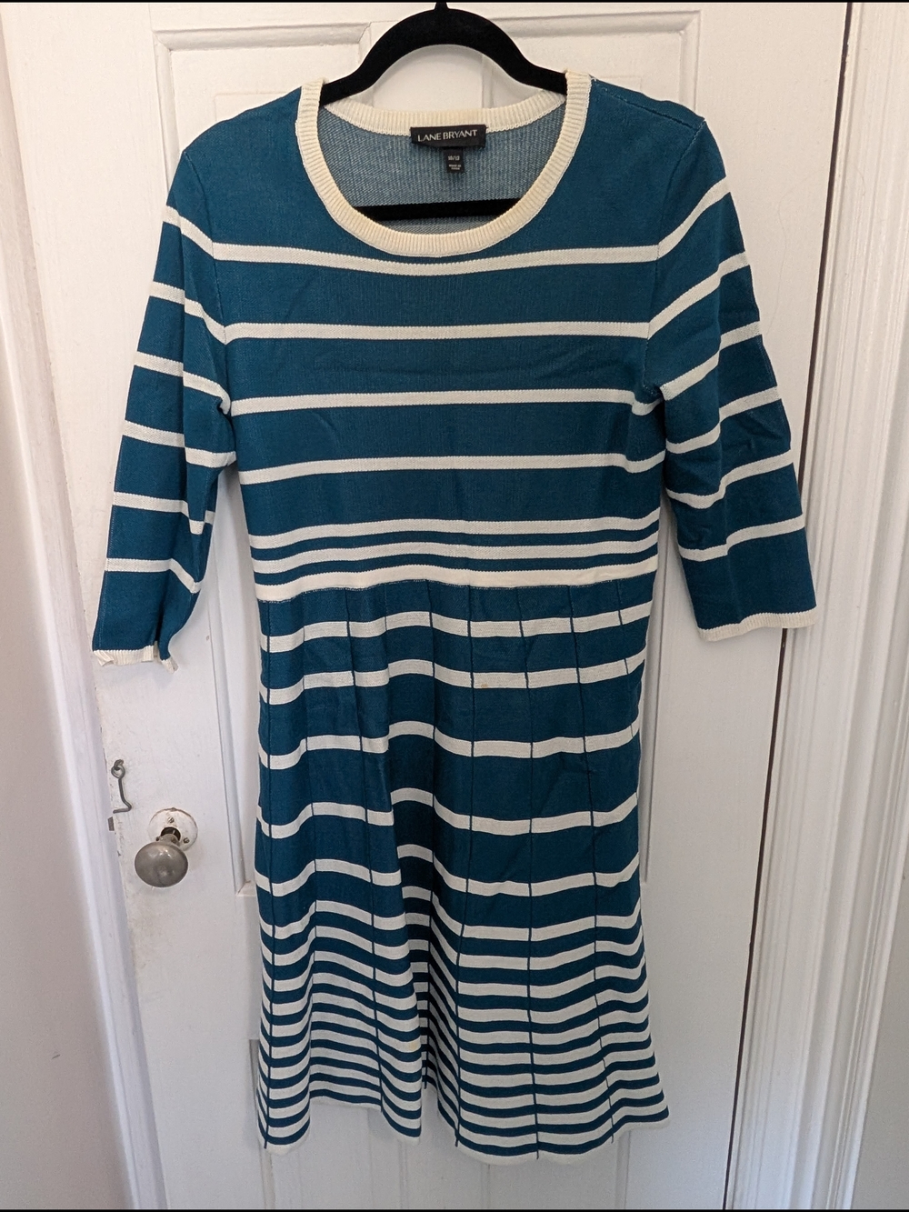 Lane Bryant Teal and White Striped A-Line Knit Dress